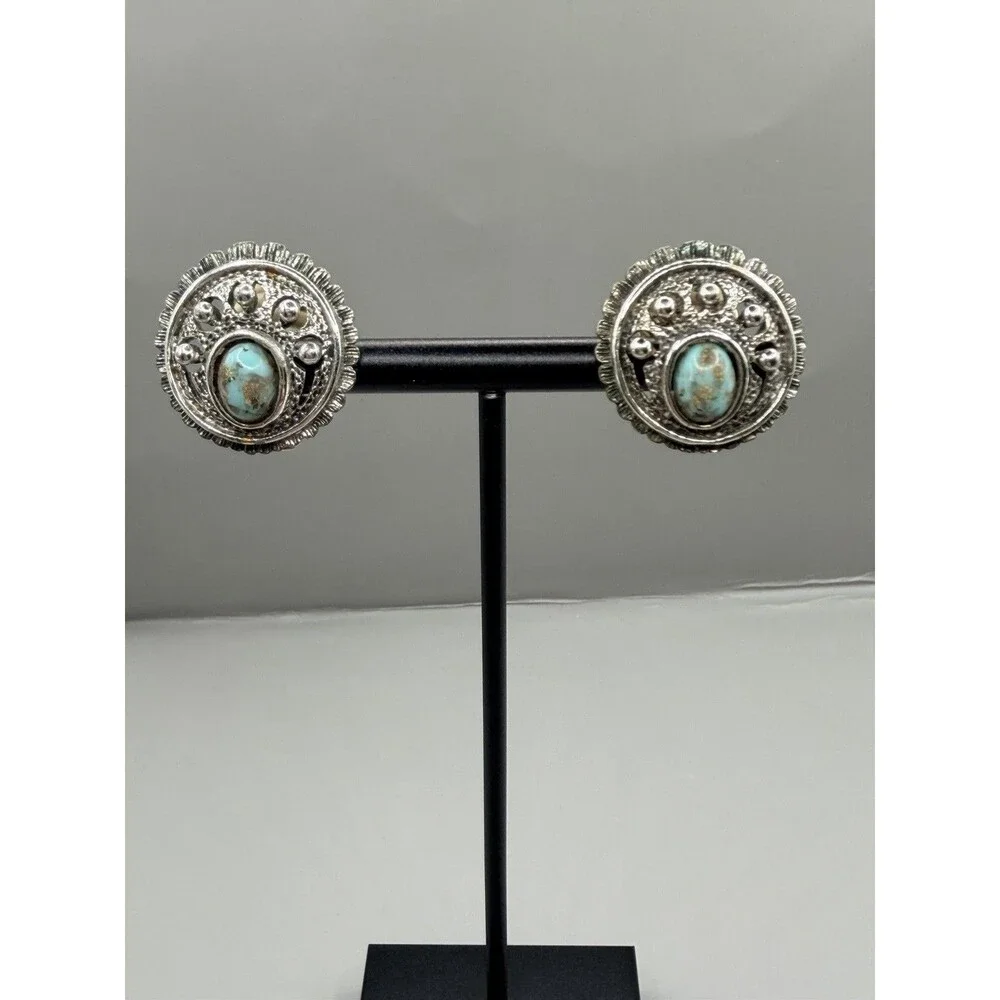 VTG Sarah Coventry Western Silver Tone Circular Clip On Earrings Faux Turquoise